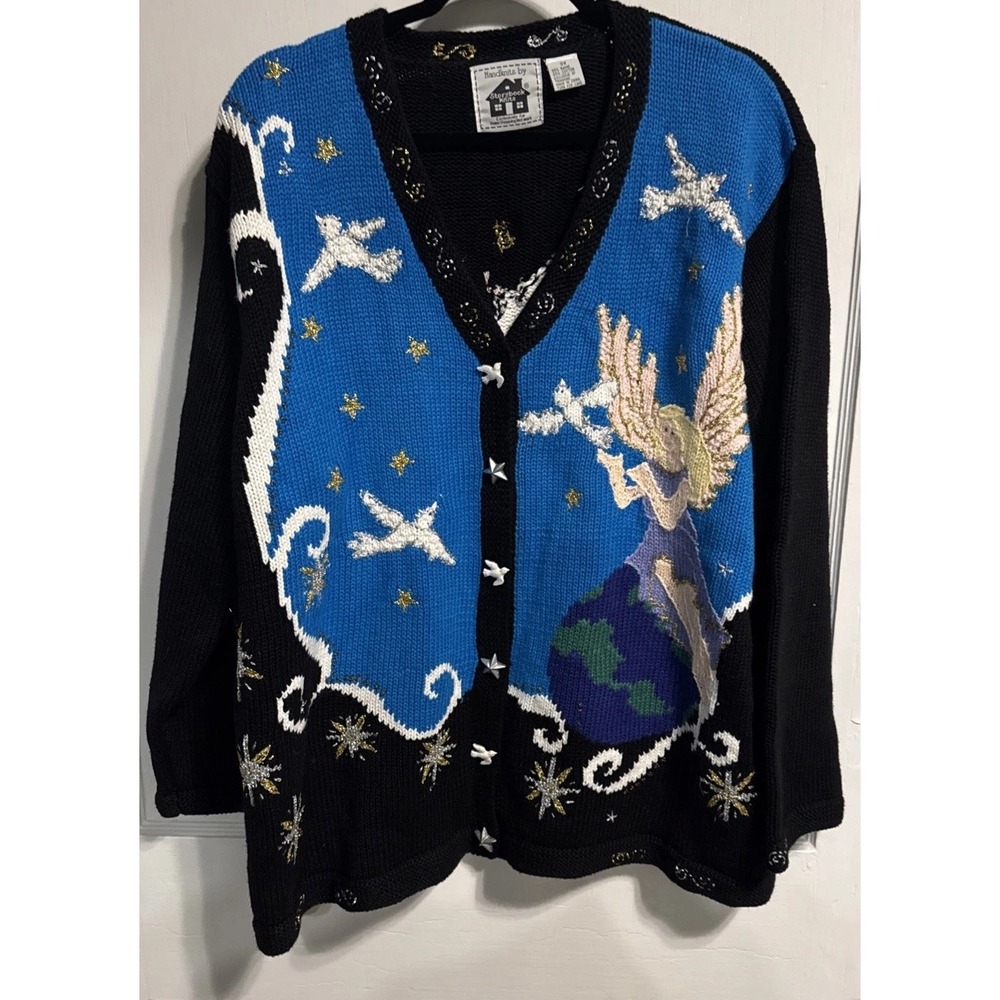 Storybook Knits Angel Dove Christmas Cardigan Sweater Size 3X Black